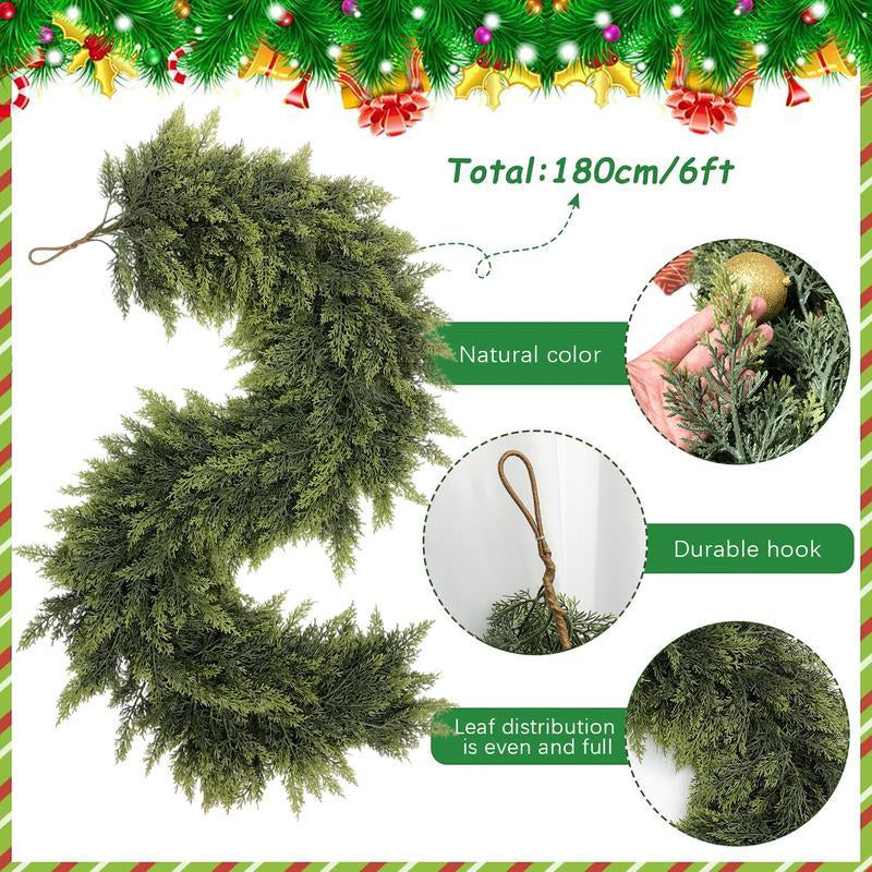 6FT Artificial Cedar Garland Faux Greenery Pine Garland Real Touch Winter Holiday Christmas Decoration for Mantle Fireplace Table Wall Door Indoor Outdoor Home Decor