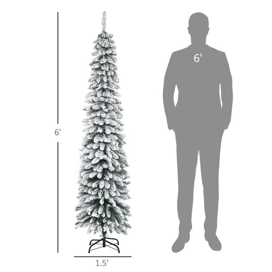 HOMCOM 5Ft-9Ft Tall Unlit Snow Flocked Artificial Christmas Tree, Slim Pencil Xmas Tree with Realistic Branches, Green