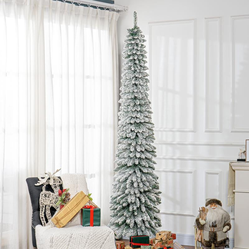 HOMCOM 5Ft-9Ft Tall Unlit Snow Flocked Artificial Christmas Tree, Slim Pencil Xmas Tree with Realistic Branches, Green