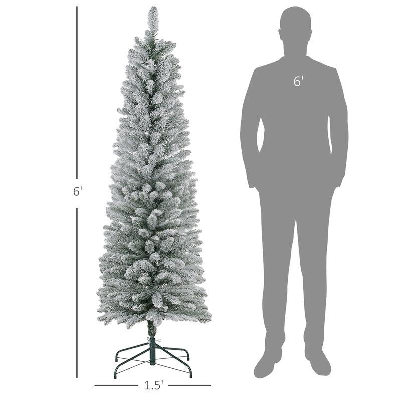 HOMCOM 5Ft-9Ft Tall Unlit Snow Flocked Artificial Christmas Tree, Slim Pencil Xmas Tree with Realistic Branches, Green