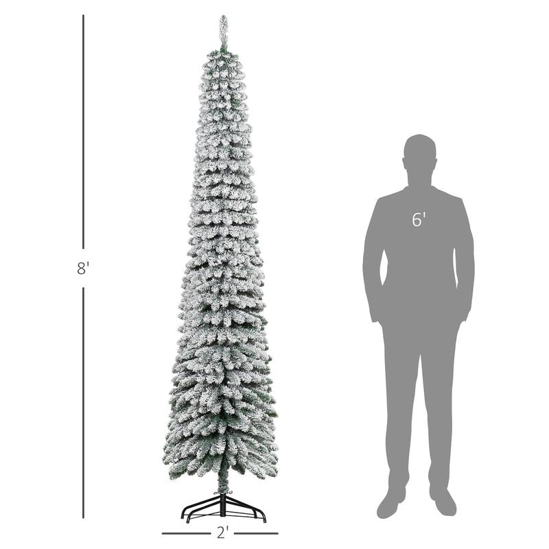 HOMCOM 5Ft-9Ft Tall Unlit Snow Flocked Artificial Christmas Tree, Slim Pencil Xmas Tree with Realistic Branches, Green