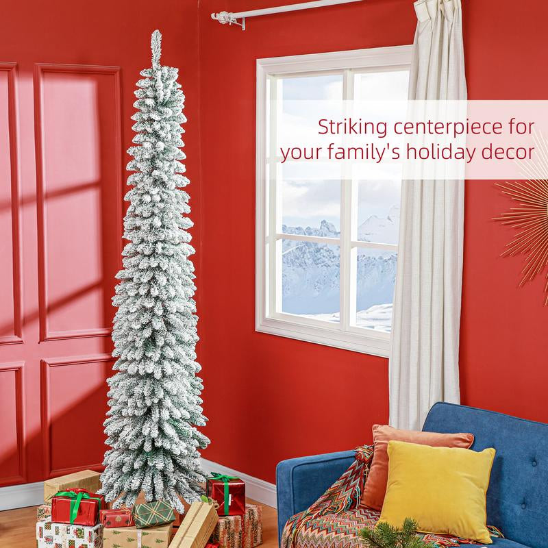 HOMCOM 5Ft-9Ft Tall Unlit Snow Flocked Artificial Christmas Tree, Slim Pencil Xmas Tree with Realistic Branches, Green