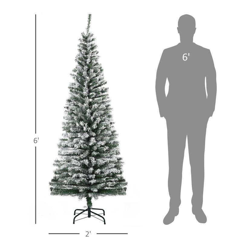 HOMCOM 5Ft-9Ft Tall Unlit Snow Flocked Artificial Christmas Tree, Slim Pencil Xmas Tree with Realistic Branches, Green