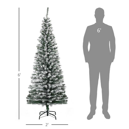 HOMCOM 5Ft-9Ft Tall Unlit Snow Flocked Artificial Christmas Tree, Slim Pencil Xmas Tree with Realistic Branches, Green