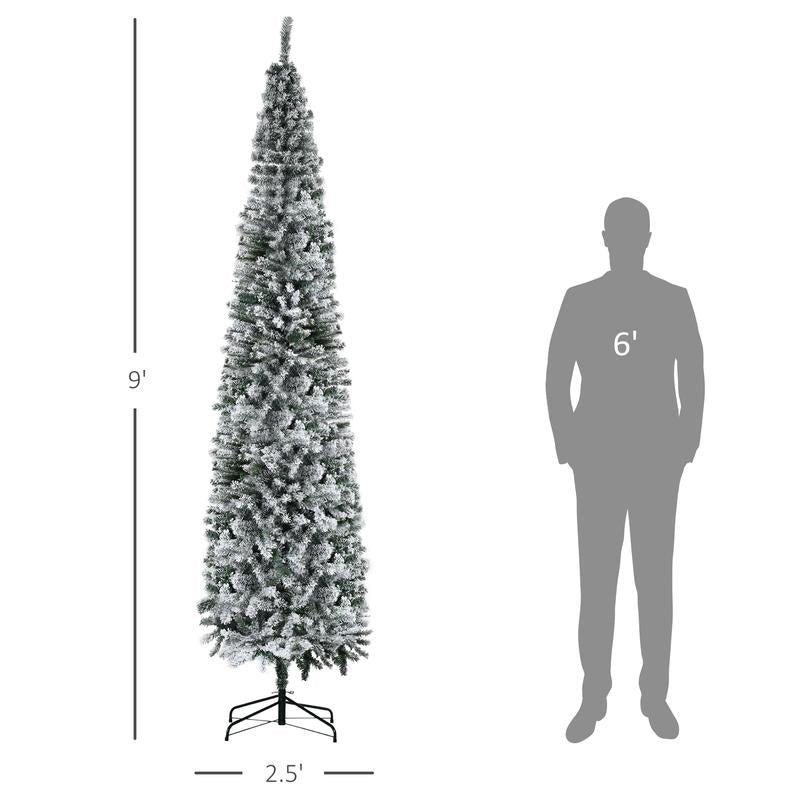 HOMCOM 5Ft-9Ft Tall Unlit Snow Flocked Artificial Christmas Tree, Slim Pencil Xmas Tree with Realistic Branches, Green