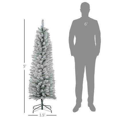 HOMCOM 5Ft-9Ft Tall Unlit Snow Flocked Artificial Christmas Tree, Slim Pencil Xmas Tree with Realistic Branches, Green
