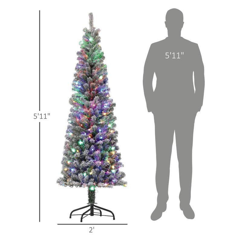 HOMCOM 5Ft-9Ft Tall Unlit Snow Flocked Artificial Christmas Tree, Slim Pencil Xmas Tree with Realistic Branches, Green