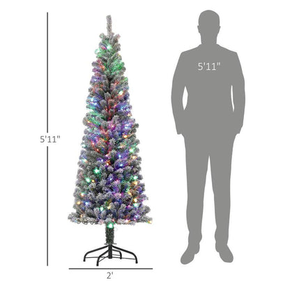 HOMCOM 5Ft-9Ft Tall Unlit Snow Flocked Artificial Christmas Tree, Slim Pencil Xmas Tree with Realistic Branches, Green