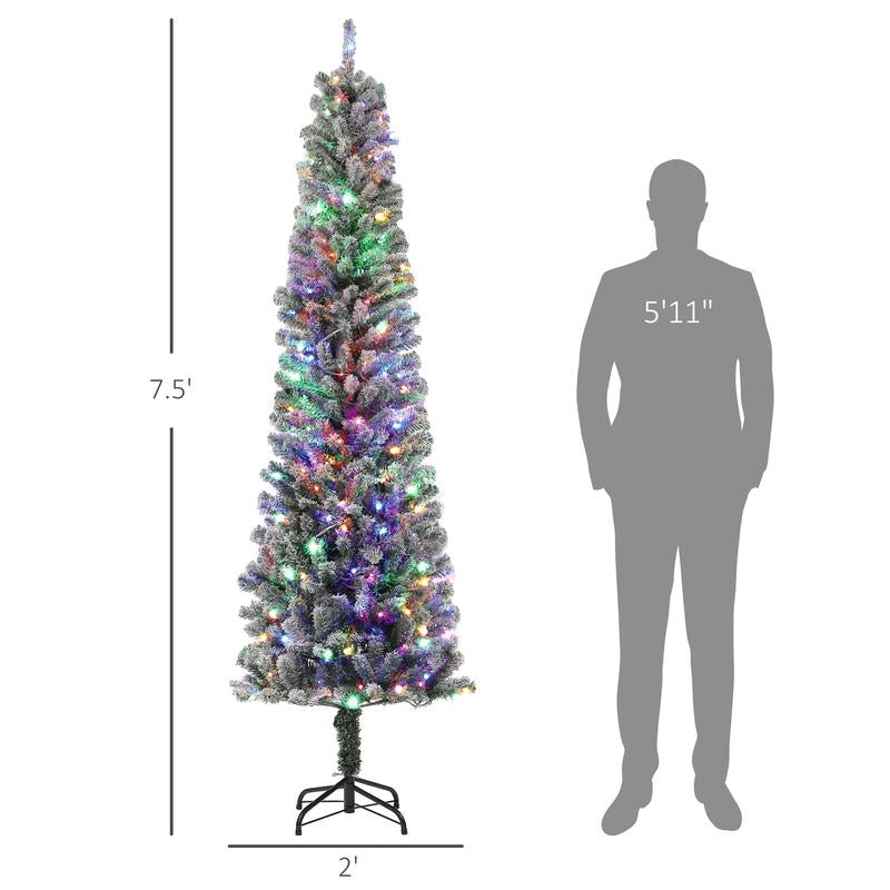 HOMCOM 5Ft-9Ft Tall Unlit Snow Flocked Artificial Christmas Tree, Slim Pencil Xmas Tree with Realistic Branches, Green