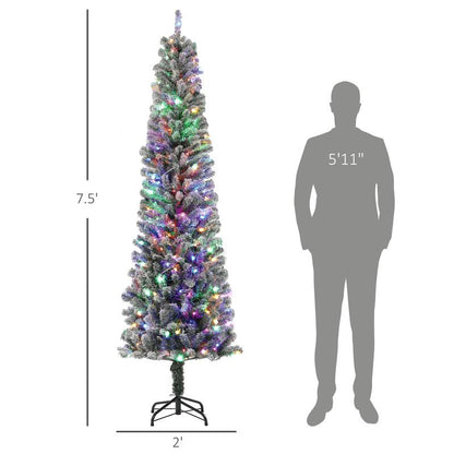 HOMCOM 5Ft-9Ft Tall Unlit Snow Flocked Artificial Christmas Tree, Slim Pencil Xmas Tree with Realistic Branches, Green