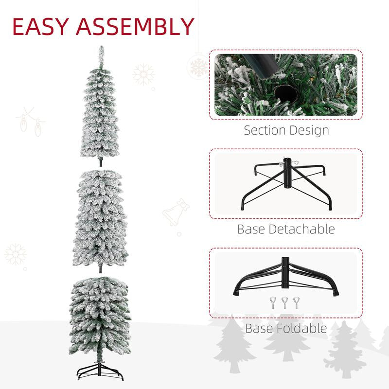 HOMCOM 5Ft-9Ft Tall Unlit Snow Flocked Artificial Christmas Tree, Slim Pencil Xmas Tree with Realistic Branches, Green