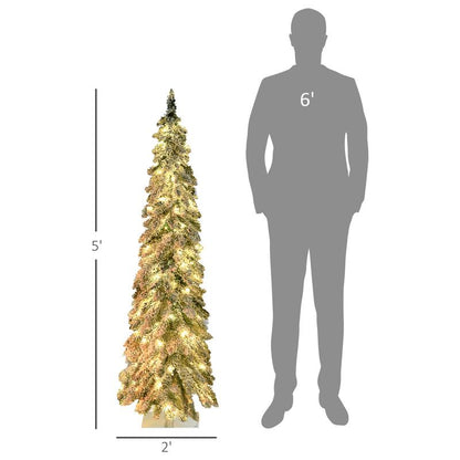 HOMCOM 5Ft-9Ft Tall Unlit Snow Flocked Artificial Christmas Tree, Slim Pencil Xmas Tree with Realistic Branches, Green