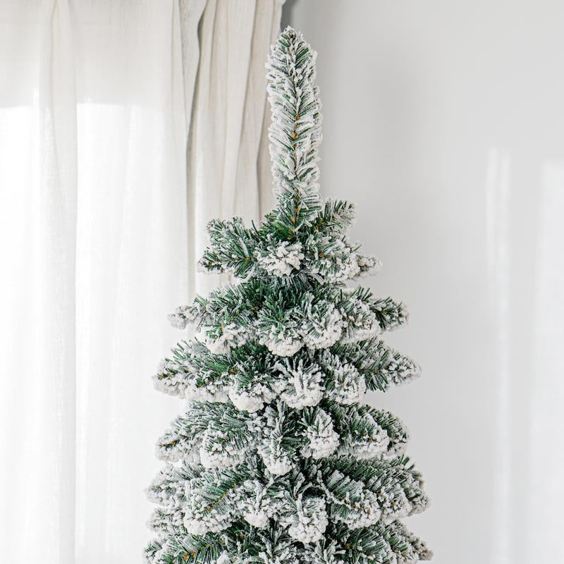 HOMCOM 5Ft-9Ft Tall Unlit Snow Flocked Artificial Christmas Tree, Slim Pencil Xmas Tree with Realistic Branches, Green