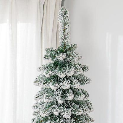 HOMCOM 5Ft-9Ft Tall Unlit Snow Flocked Artificial Christmas Tree, Slim Pencil Xmas Tree with Realistic Branches, Green