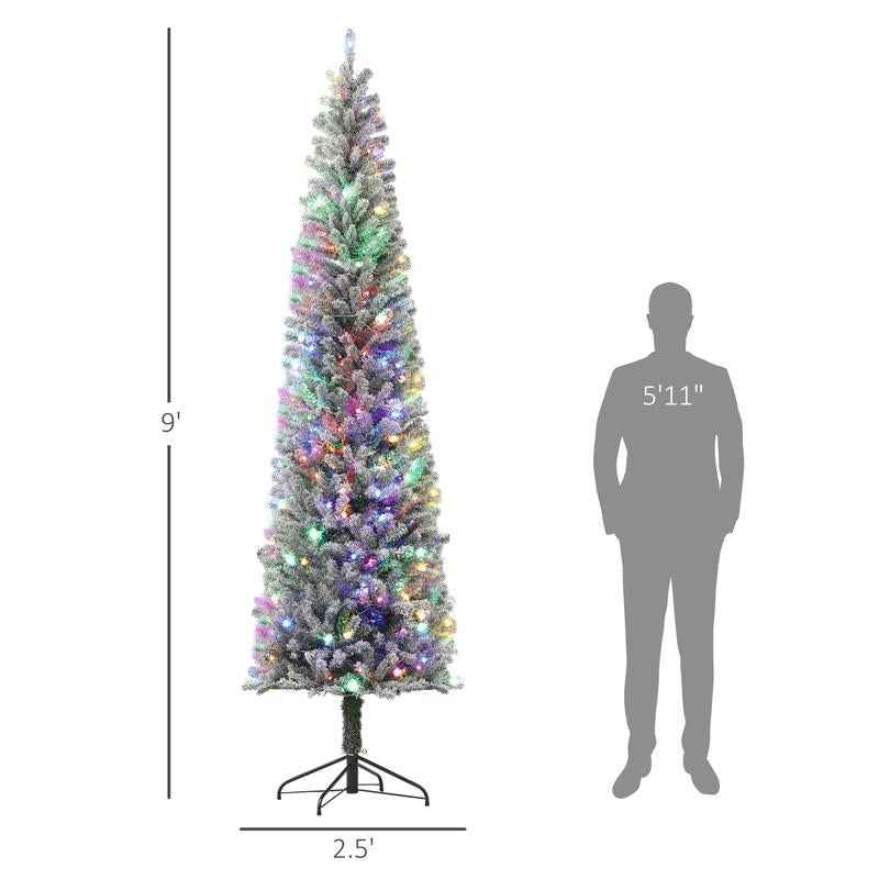HOMCOM 5Ft-9Ft Tall Unlit Snow Flocked Artificial Christmas Tree, Slim Pencil Xmas Tree with Realistic Branches, Green