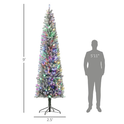 HOMCOM 5Ft-9Ft Tall Unlit Snow Flocked Artificial Christmas Tree, Slim Pencil Xmas Tree with Realistic Branches, Green