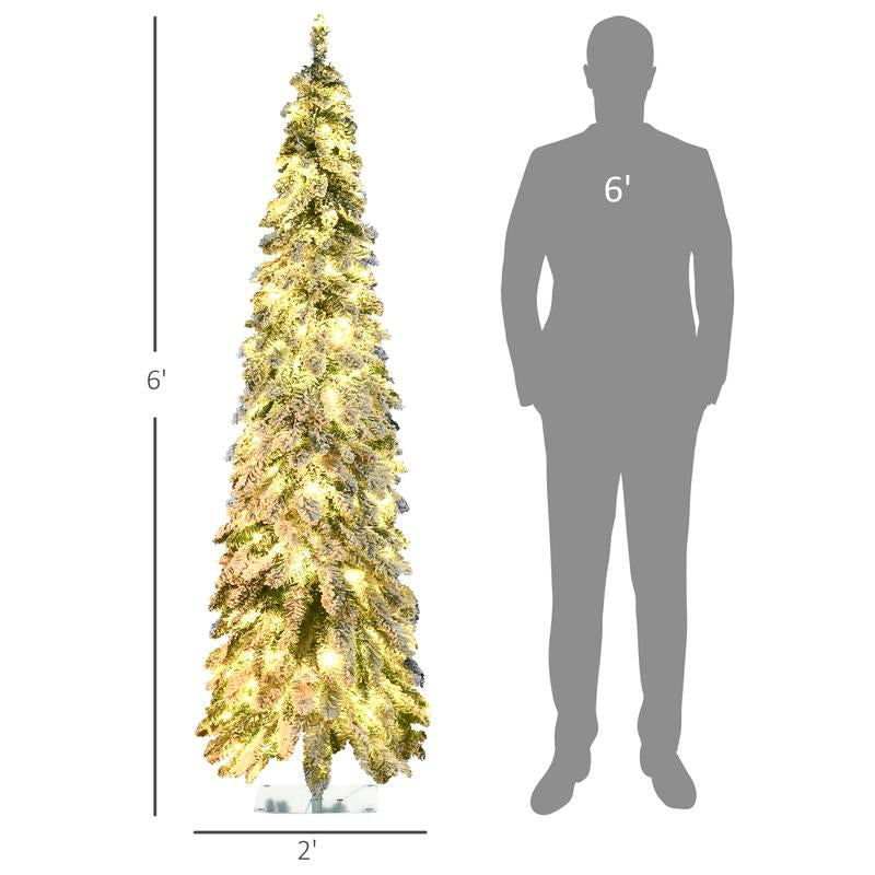 HOMCOM 5Ft-9Ft Tall Unlit Snow Flocked Artificial Christmas Tree, Slim Pencil Xmas Tree with Realistic Branches, Green