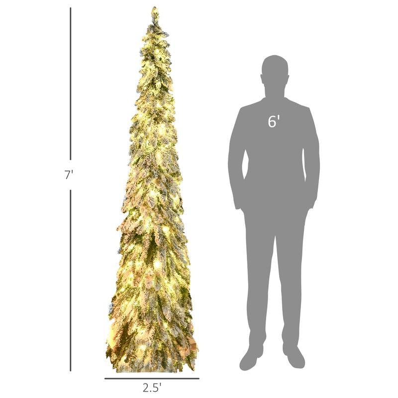 HOMCOM 5Ft-9Ft Tall Unlit Snow Flocked Artificial Christmas Tree, Slim Pencil Xmas Tree with Realistic Branches, Green