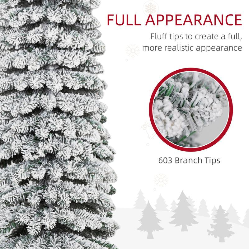 HOMCOM 5Ft-9Ft Tall Unlit Snow Flocked Artificial Christmas Tree, Slim Pencil Xmas Tree with Realistic Branches, Green