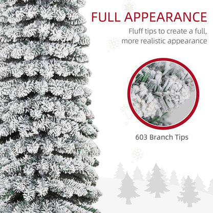 HOMCOM 5Ft-9Ft Tall Unlit Snow Flocked Artificial Christmas Tree, Slim Pencil Xmas Tree with Realistic Branches, Green